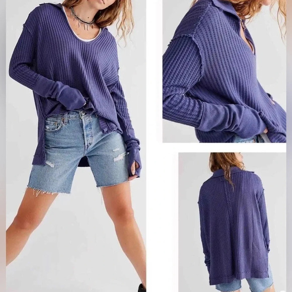 Free People We the Free Oceana Blue Raymond Thermal Top Oversized Size Medium - Picture 3 of 11